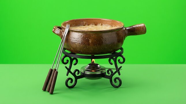 A traditional copper cheese fondue pot resting on a decorative iron stand