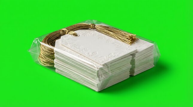 A stack of white paper gift tags with golden strings in plastic packaging