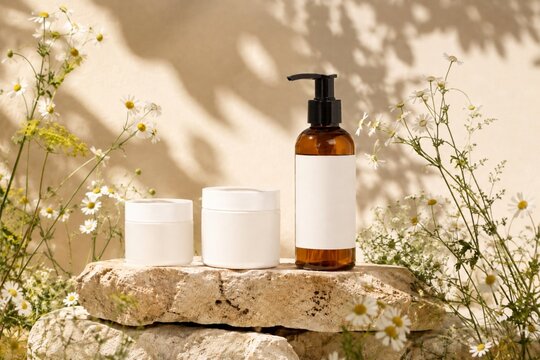 Natural skincare products displayed with chamomile flowers