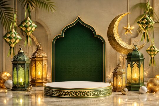 Islamic Eid display podium with lanterns and crescent moon