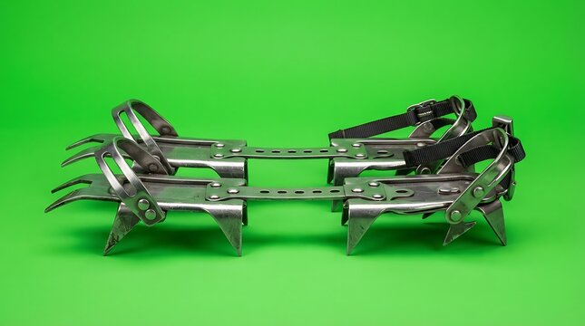 Pair of metal climbing crampons for mountaineering on a green background