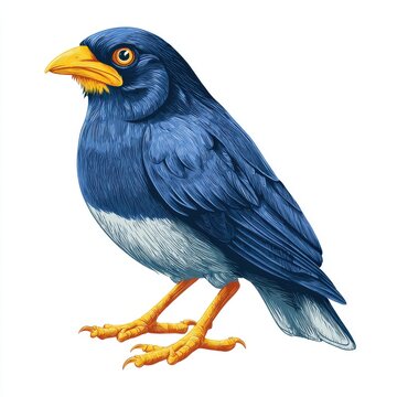 Detailed Illustration Of A Tropical Blue Myna Bird With Yellow Beak And Legs On Isolated White Background