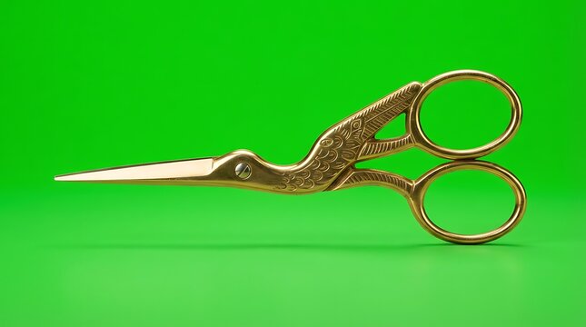 A vintage gold crane shaped sewing scissor isolated on a bright green background