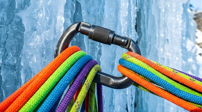 Metal climbing carabiner holding colorful ropes against frozen ice wall