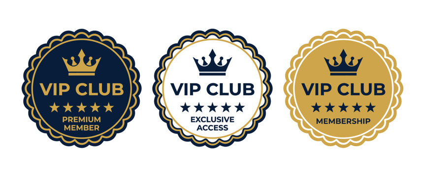 Vip club label, badge or tag. Vip club icons with crown and stars. Round label with three vip level in gold, silver and bronze color. Premium membership icon. Vector illustration.