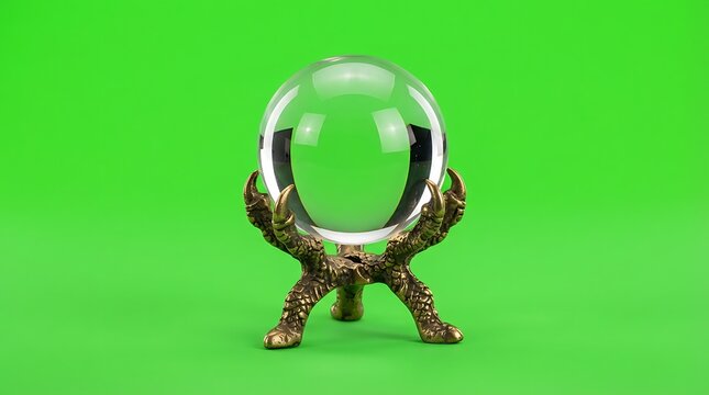 A clear crystal ball resting on a detailed metallic dragon claw pedestal