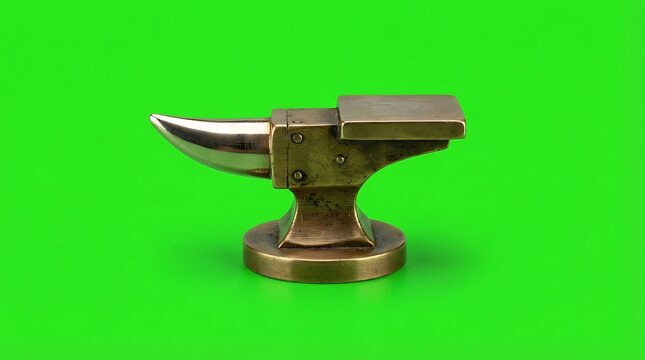 A small metallic anvil isolated against a vibrant solid green background