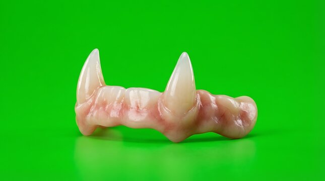 Realistic vampire fangs prosthetic isolated on a vibrant green background