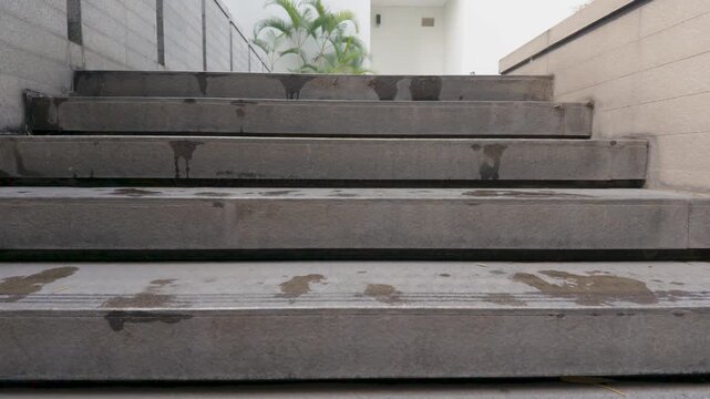 Low angle view of wet concrete outdoor staircase leading up to modern building entrance.