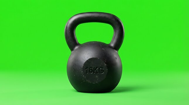 A single heavy black sixteen kilogram kettlebell on a bright green background