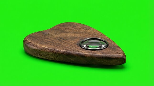 A wooden ouija board planchette isolated on a vibrant green background