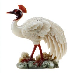 Fototapeta premium Elegant White Jade Crane Sculpture Featuring Intricate Carvings On A Decorative Cloud Base Studio Shot