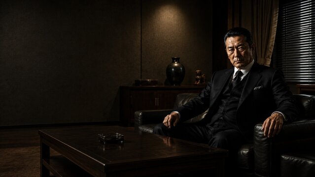 Japanese Crime Boss Sitting in Dark Executive Office with Copy Space