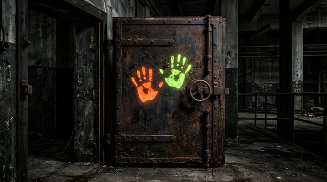 Rusty metal vault door with glowing handprints in dark industrial interior