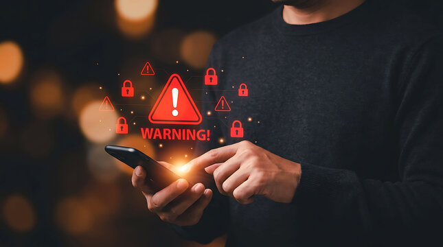 Cybersecurity warning alert on smartphone screen with danger notification sign