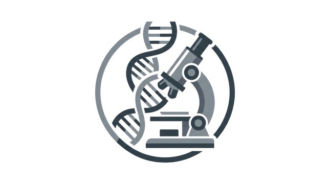 Circular logo with microscope and genetics.
