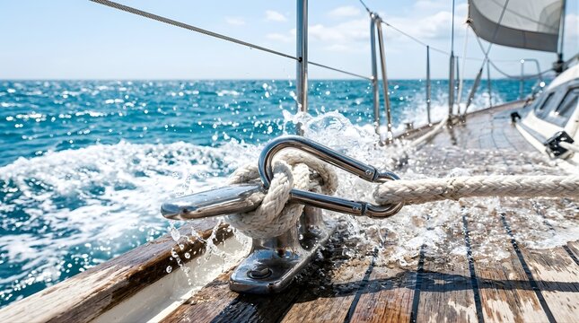 Steel boat cleat with rope on a wooden deck during a sunny sailing trip