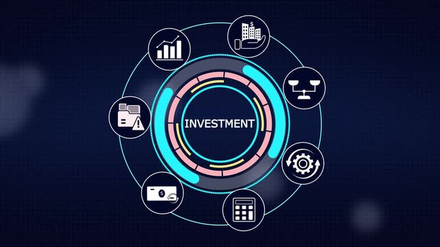 Investment capital growth dashboard showing financial market visual icons circular hud element
