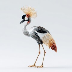 Fototapeta premium Elegant Black And White Crane Figurine With Golden Crest And Metallic Accents On White Background