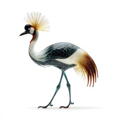 Fototapeta premium Elegant Black Crowned Crane Bird Profile View With Shimmering Gold Feathers On White Isolated Background
