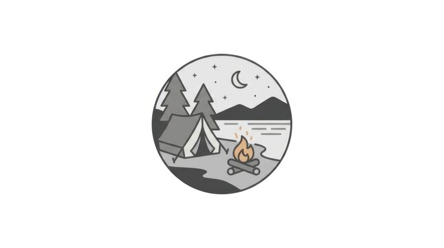 Circular forest camping badge with tent and campfire