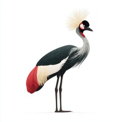 Fototapeta premium Elegant Grey Crowned Crane Bird Featuring Golden Feathers And Red Wattle Standing On White Background