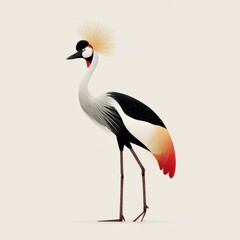 Fototapeta premium Elegant Grey Crowned Crane Bird Illustration Isolated On Cream Background With Minimalist Art Style
