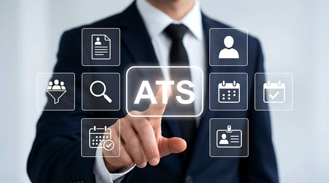 Businessman Touching ATS Applicant Tracking System Interface for HR Recruitment