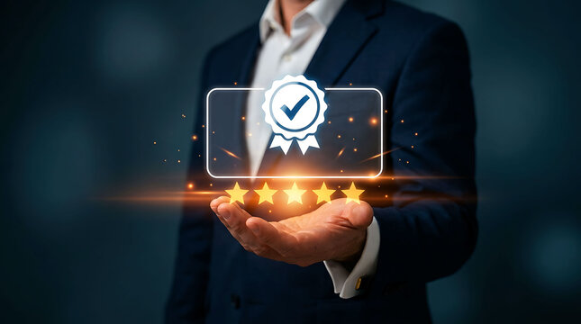 Businessman showing quality assurance guarantee certificate badge with five stars