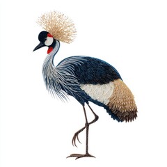 Fototapeta premium Elegant Grey Crowned Crane Standing On Single Leg With Golden Crest Against Isolated White Background