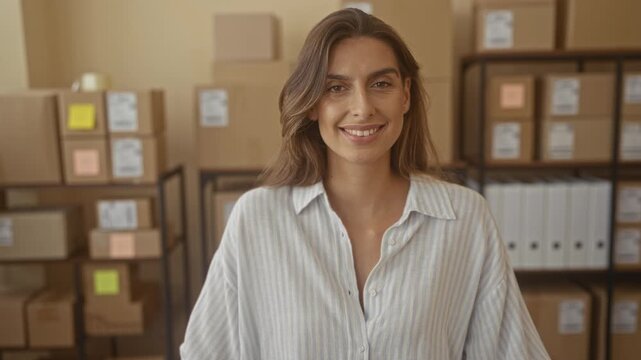 Woman smiles amid stacked shipping boxes inside a small business building, wearing a casual shirt and looking at camera; entrepreneurial pride.