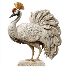 Fototapeta premium Elegant White And Golden Crested Crane Statue On Isolated Background With Intricate Carved Textures