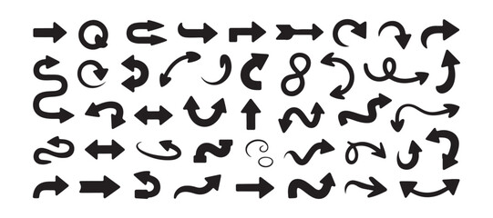 Fototapeta premium Curved and wavy black arrow icons set on transparent background for map paths and navigation flows.