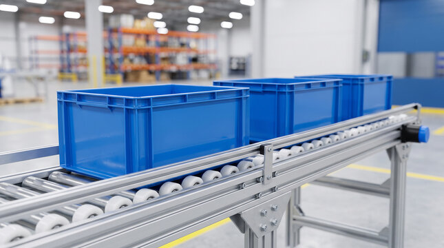 Blue plastic storage crates moving on a roller conveyor belt inside a bright modern logistics warehouse facility
