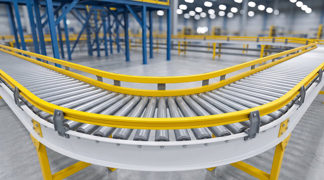 Curved roller conveyor belt with yellow safety rails in a modern industrial warehouse distribution facility