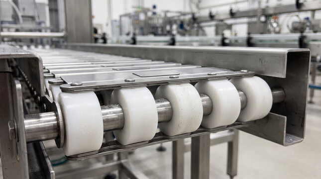 Close-up of stainless steel conveyor belt with white plastic rollers inside a clean food processing facility