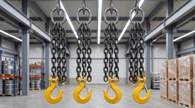Four heavy-duty lifting chain slings with yellow safety hooks displayed inside a large industrial warehouse