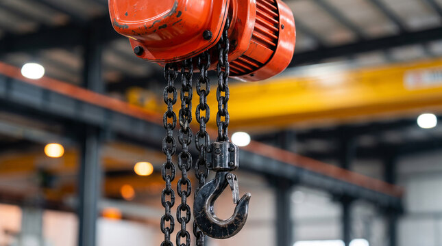 Close-up of a red industrial chain hoist with metal hook and black chains hanging inside a manufacturing warehouse