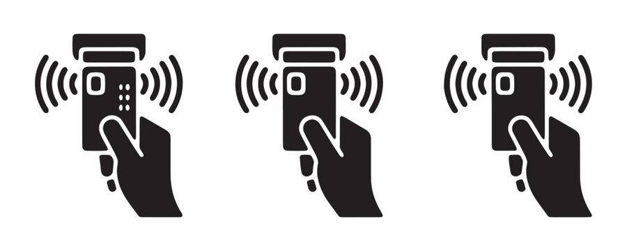 Contactless payment icons with hand holding card near reader for modern mobile transaction interface.