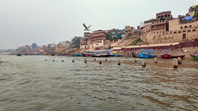 Historic Ganges Riverfront Ghats Beyond Lalita Ghat Toward Assi Ghat in Varanasi