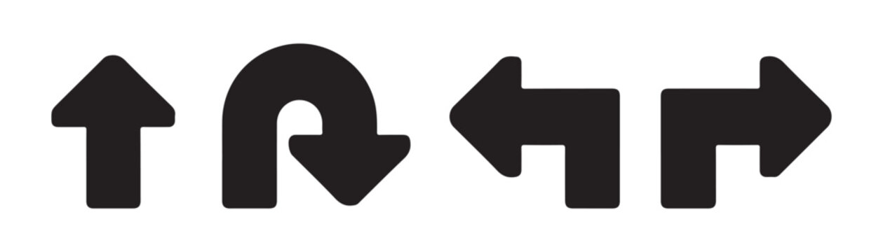 Set of black directional arrows including straight up, u-turn, and right angle turn designs.