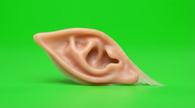 A prosthetic silicone elf ear isolated against a bright green background