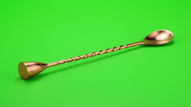 A sleek copper bar spoon featuring a twisted handle on a vibrant green background