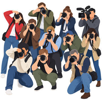 Crowd of paparazzi photographers taking pictures with cameras