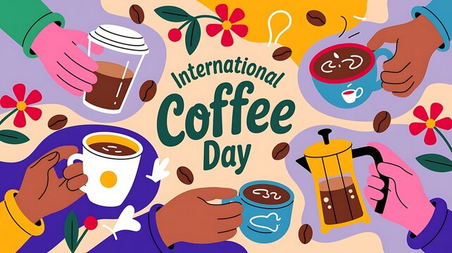 International coffee day flat illustration with various coffee cups and coffee maker coffee beans hot coffee