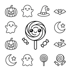 Fototapeta premium Cute Halloween Icons: Pumpkin, Ghost, Bat, Candy, Moon, Witch Hat - Coloring Page Vector