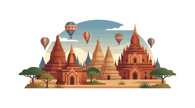 Bagan pagodas with hot air concept vector illustration for creative projects and modern business isolated background element