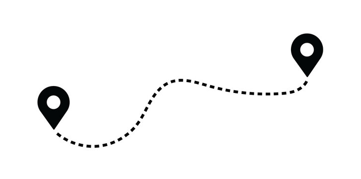 Two location pins connected by a wavy dotted line on a plain background with location pin map marker travel route gps icon location trac
