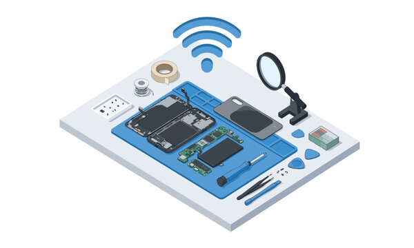 Isometric smartphone repair tech support and mobile service vector