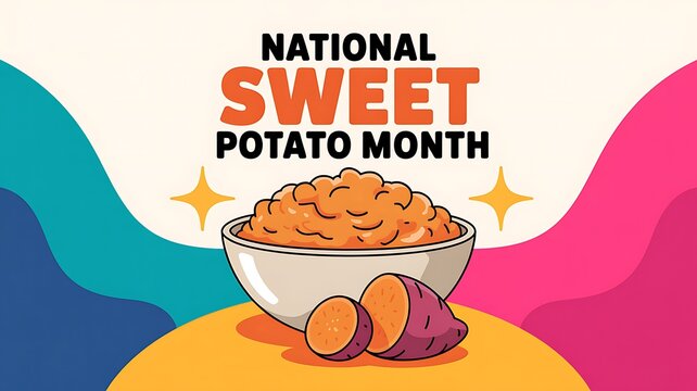 National sweet potato month illustration featuring a bowl of mashed sweet potato and sliced tubers